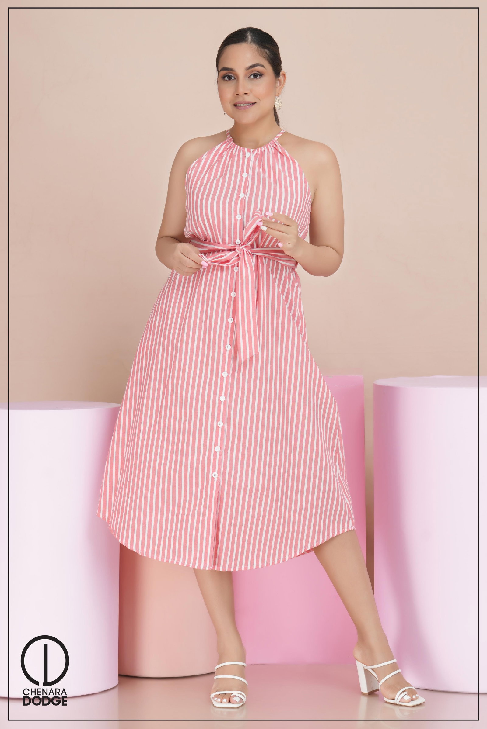 Women's Biege Halter Neck Midi Dress | Sleeveless Summer Dress